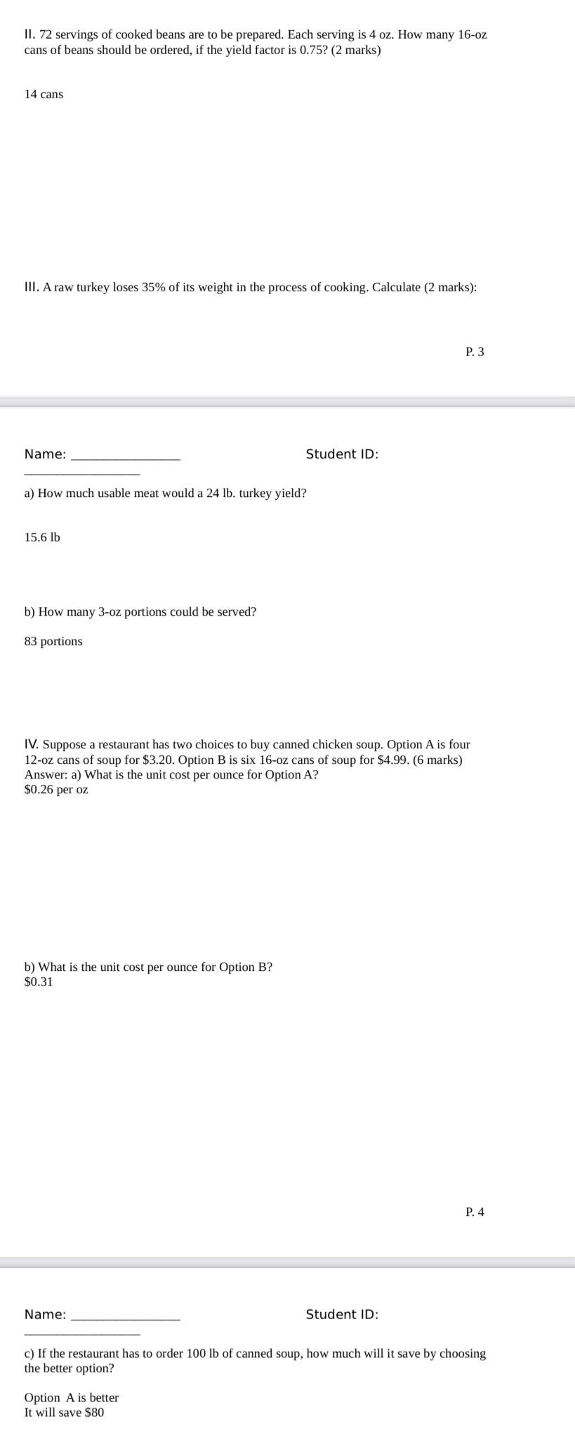 II. 72 servings of cooked beans are to be