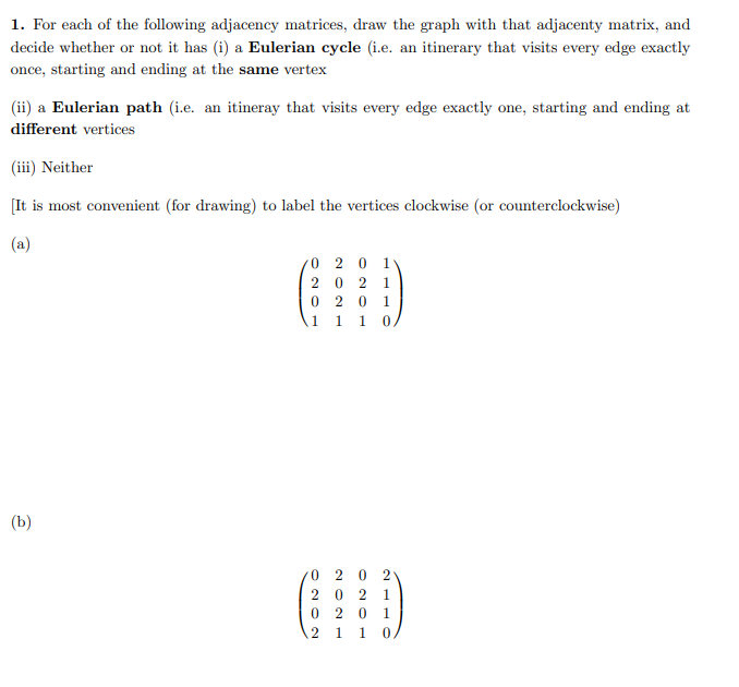 1. For each of the following adjacenty matrices,