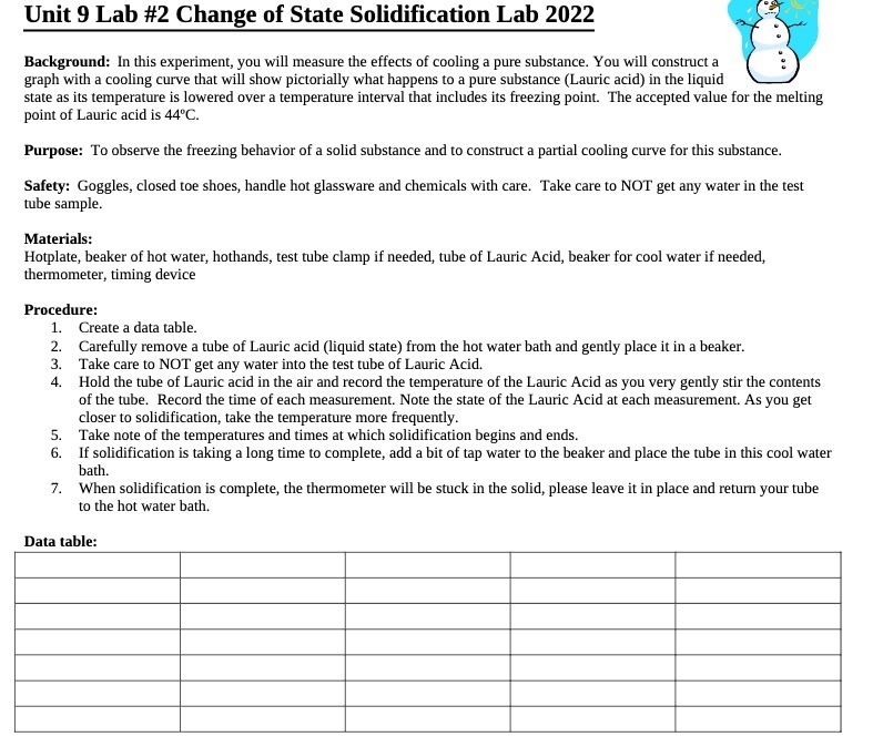 Unit 9 Lab #2 Change of State Solidification Lab