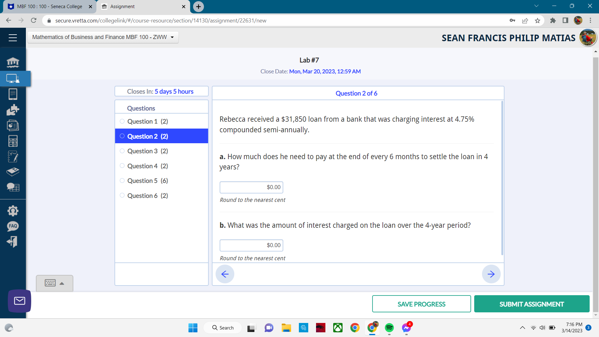 MBF 100 : 100 - Seneca College X TH Assignment X
