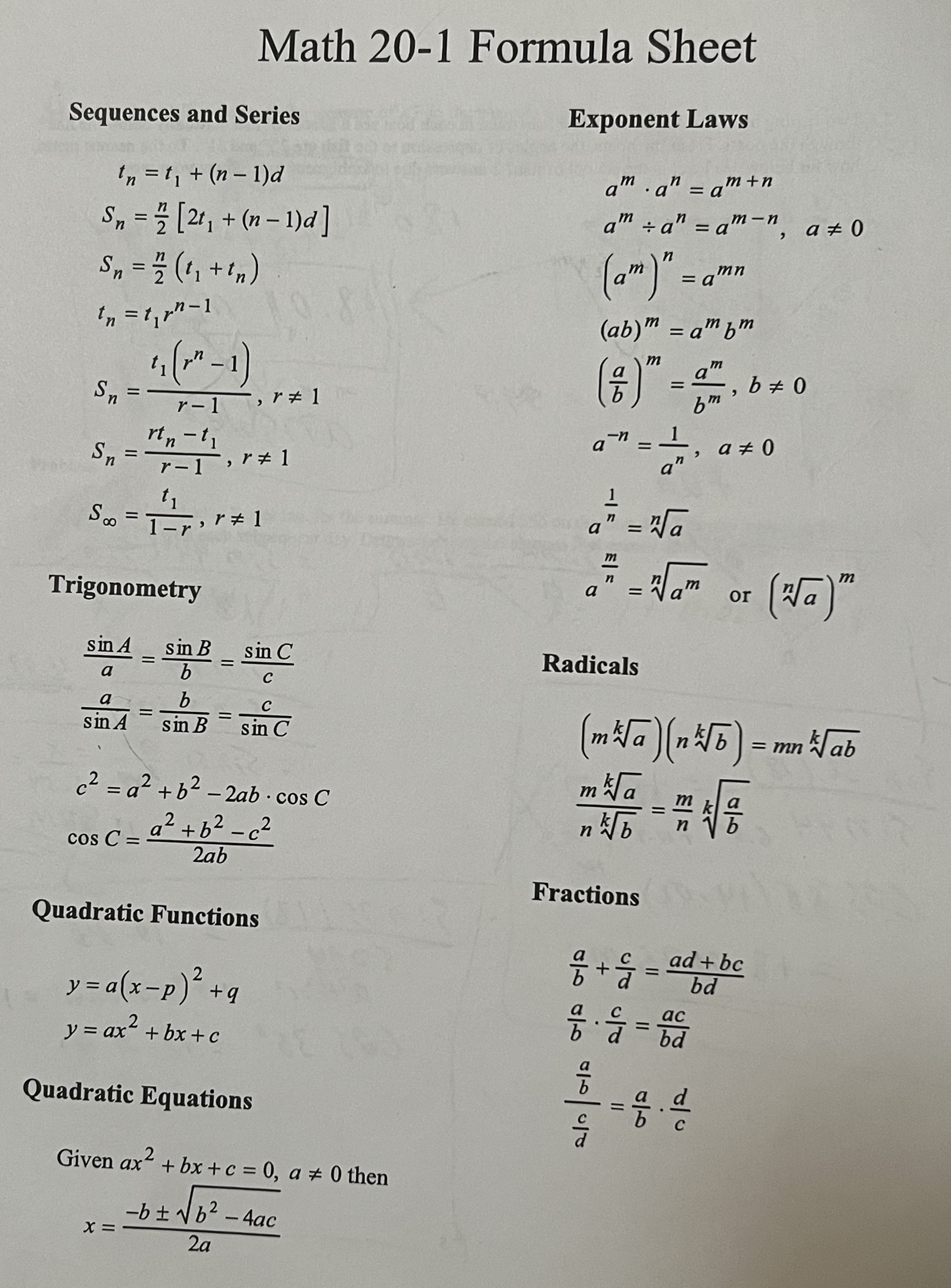 Math 20-1 Chapter 1 Test Multiple Choice 6/19