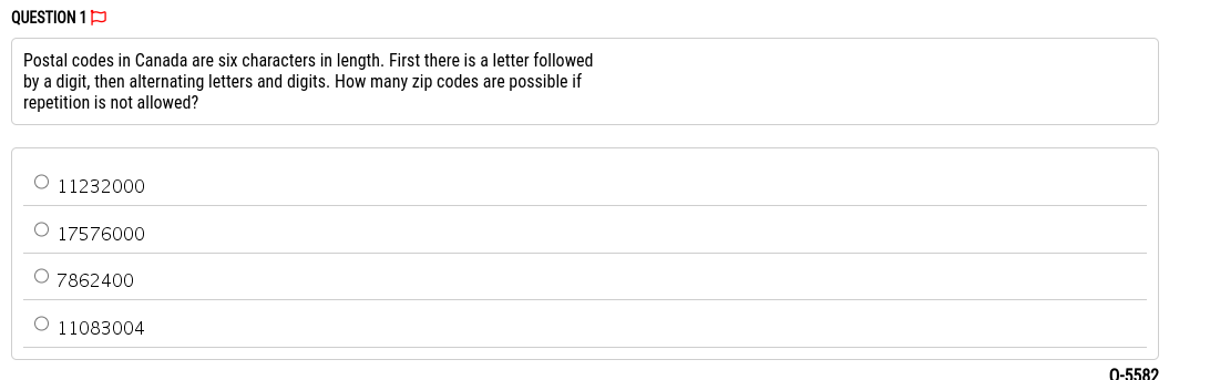 QUESTION 1 P Postal codes in Canada are six