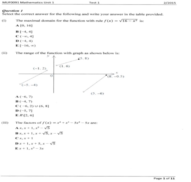 MUFO091 Mathematics Unit 1 Test 1 2/2015 Question