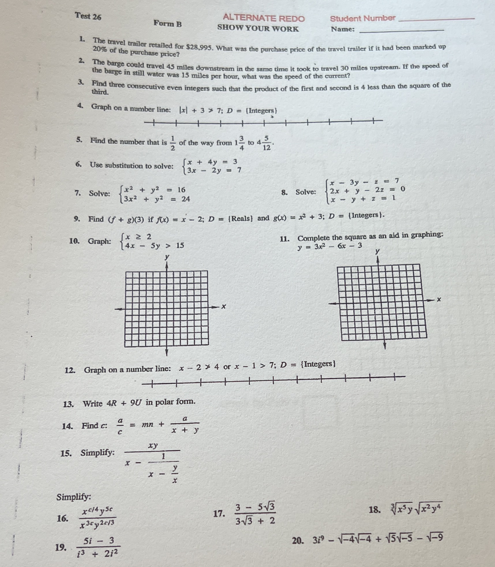 Test 26 Form B ALTERNATE REDO Student Number SHOW