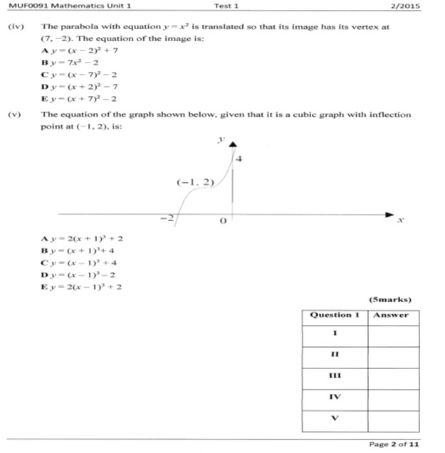 MUFO091 Mathematics Unit 1 Test 1 2/2015 Question