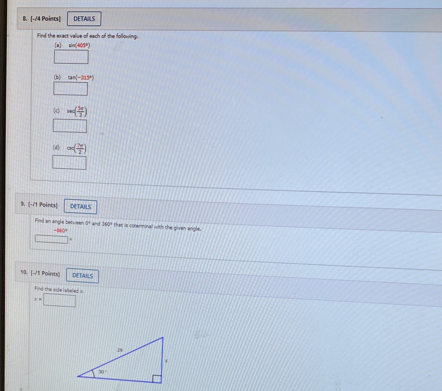 8. [-/4 Points] DETAILS Find the exact value of