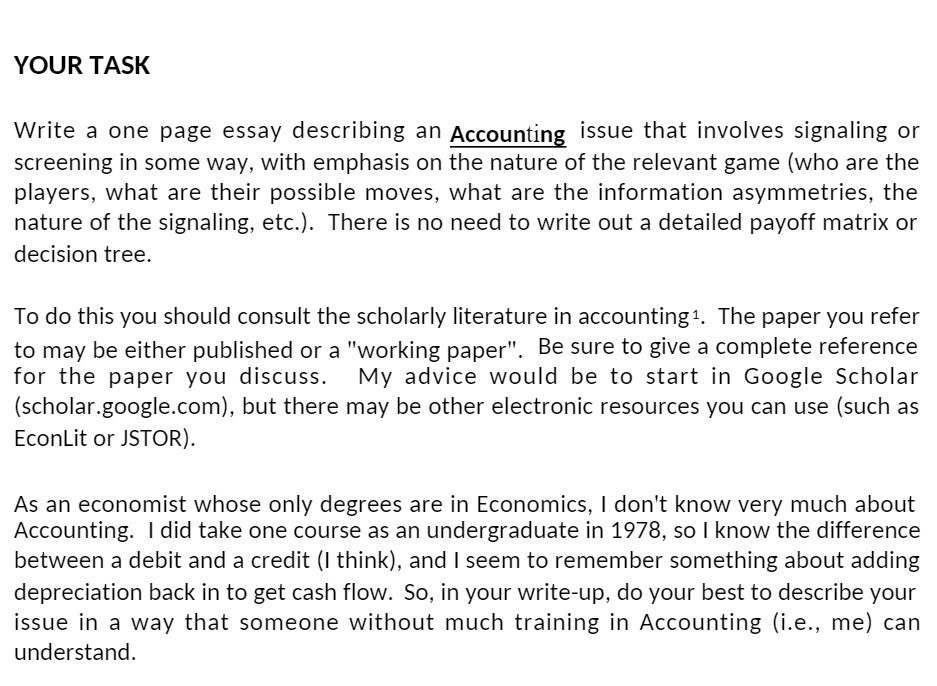 YOUR TASK Write a one page essay describing an