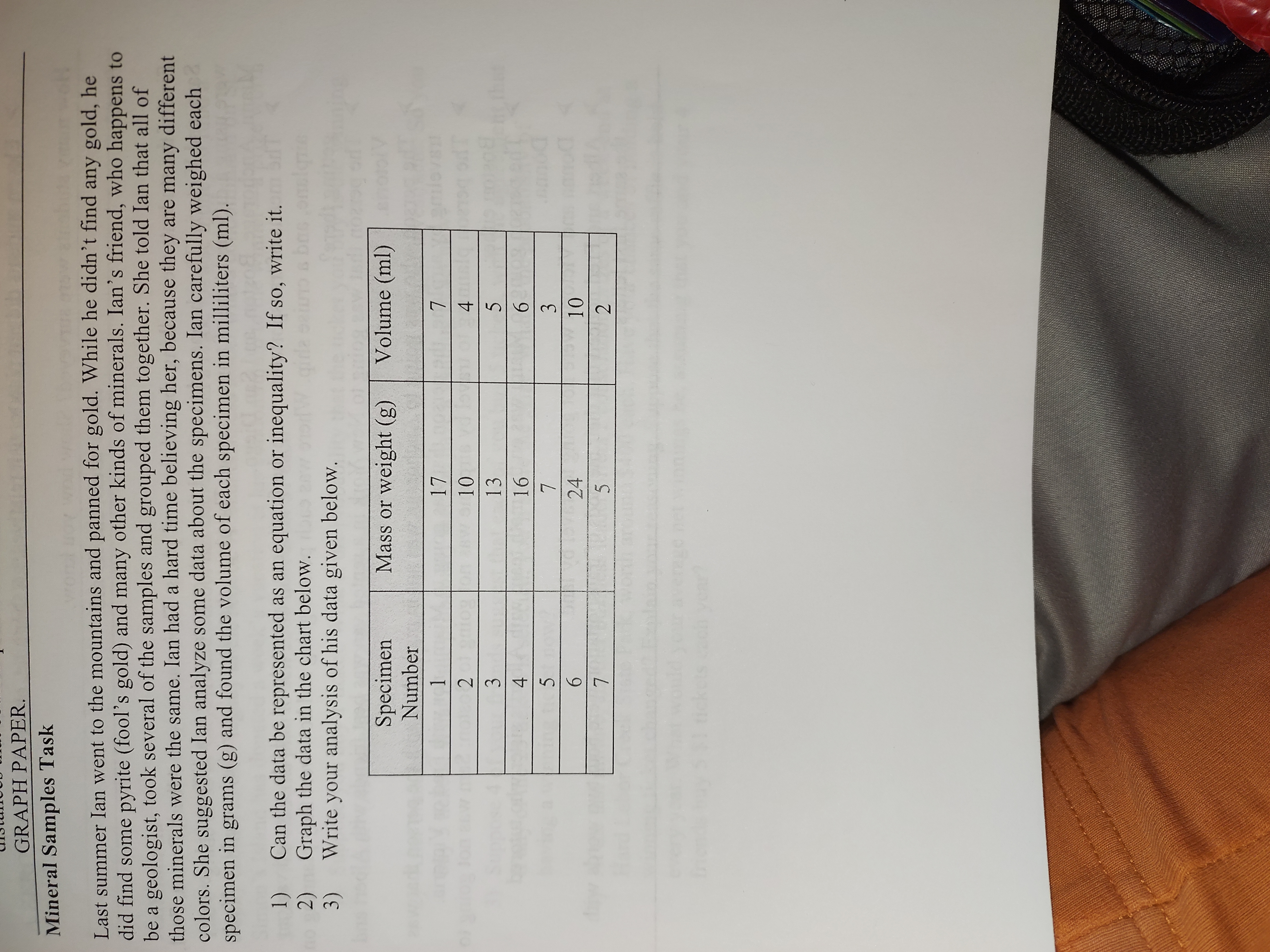 GRAPH PAPER. Mineral Samples Task Last summer Ian
