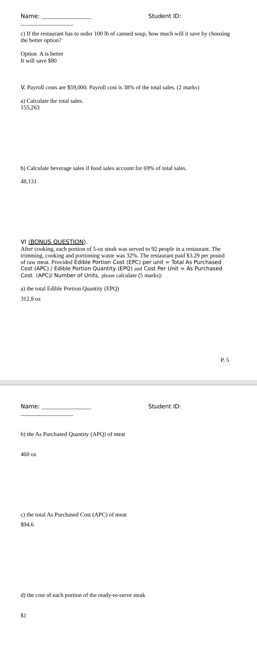 Name: Student ID: c) If the restaurant has to