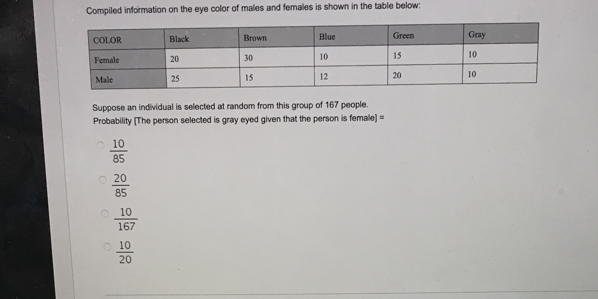 Compiled information on the eye color of males