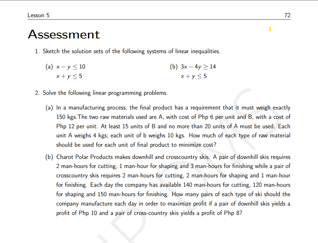 Lesson 5 72 Assessment 1. Sketch the solution