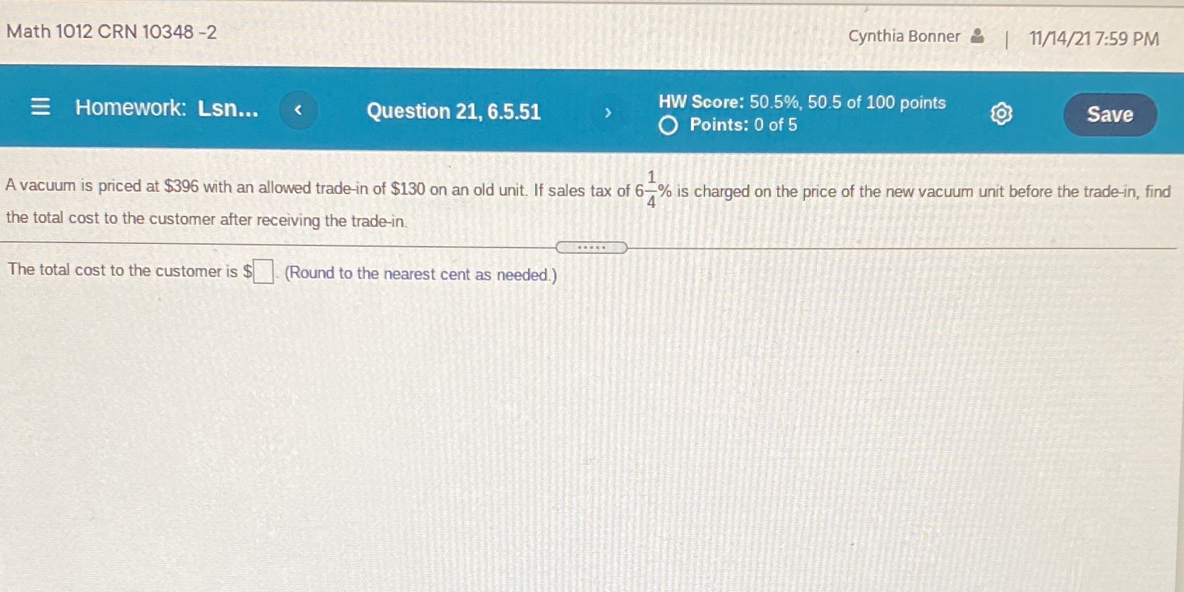 Math 1012 CRN 10348 -2 Cynthia Bonner & |