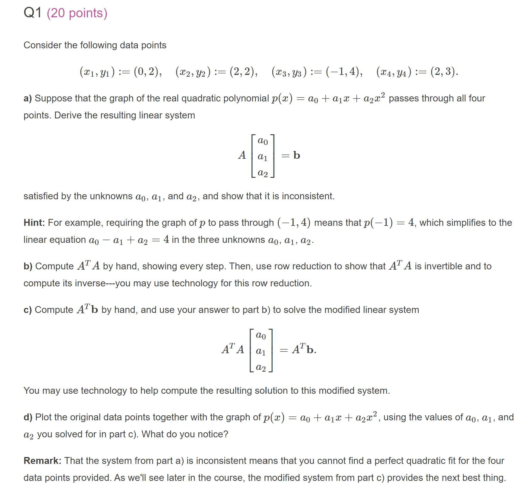 01 (20 points) Consider the following data points