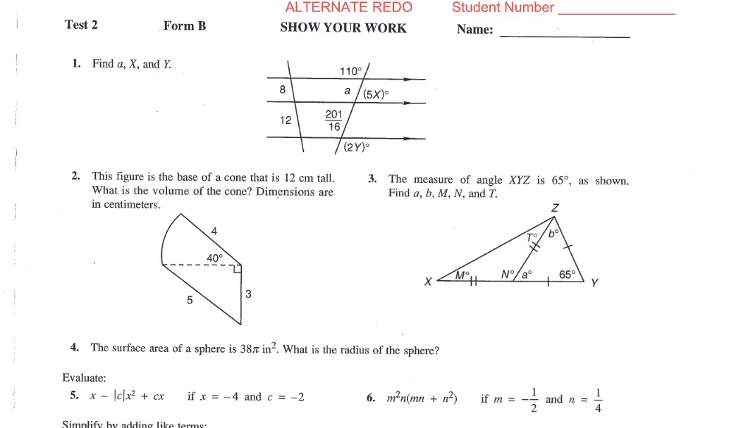 ALTERNATE REDO Student Number Test 2 Form B SHOW
