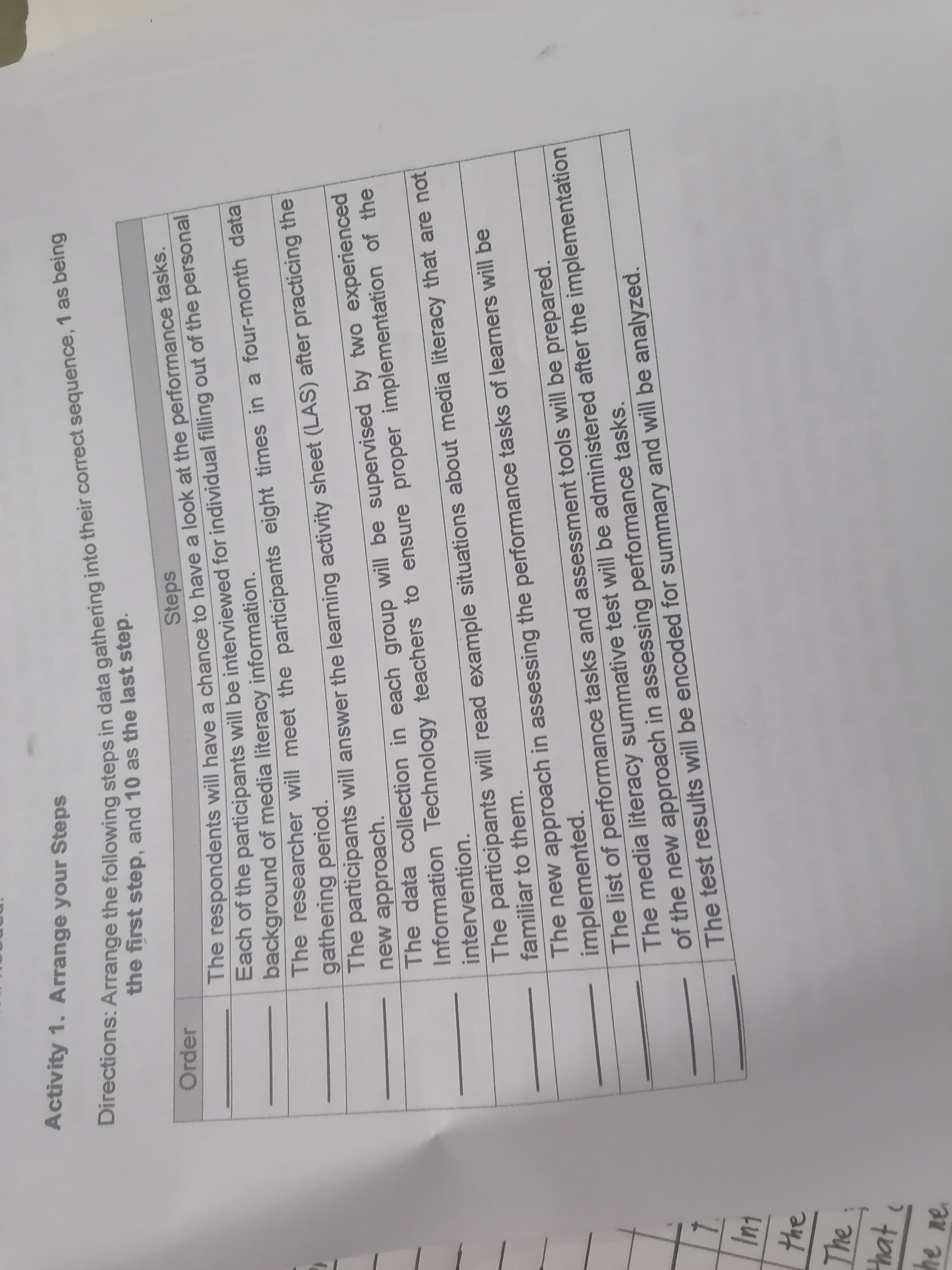 Activity 1. Arrange your Steps Directions: