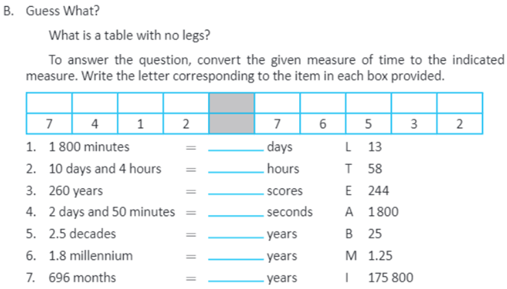 A B 1. 1 minute 60 seconds 2. 1 hour 24 hours 3.