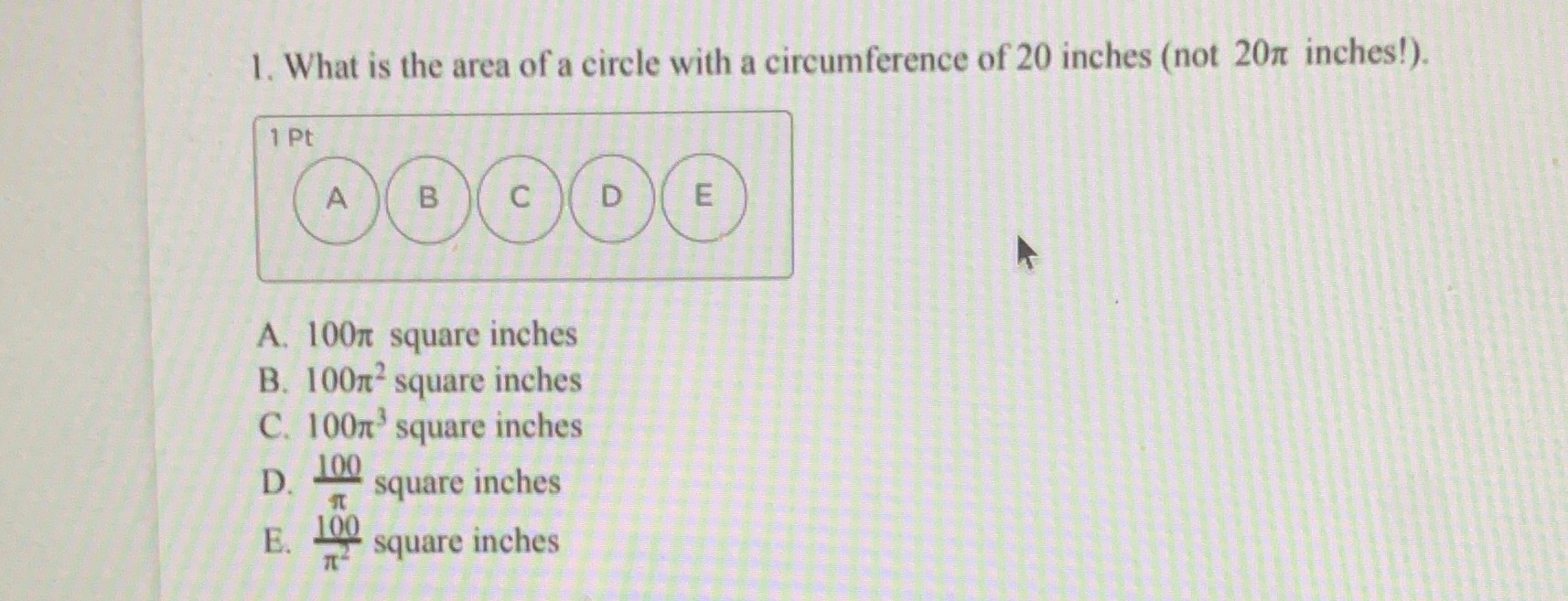1. What is the area of a circle with a