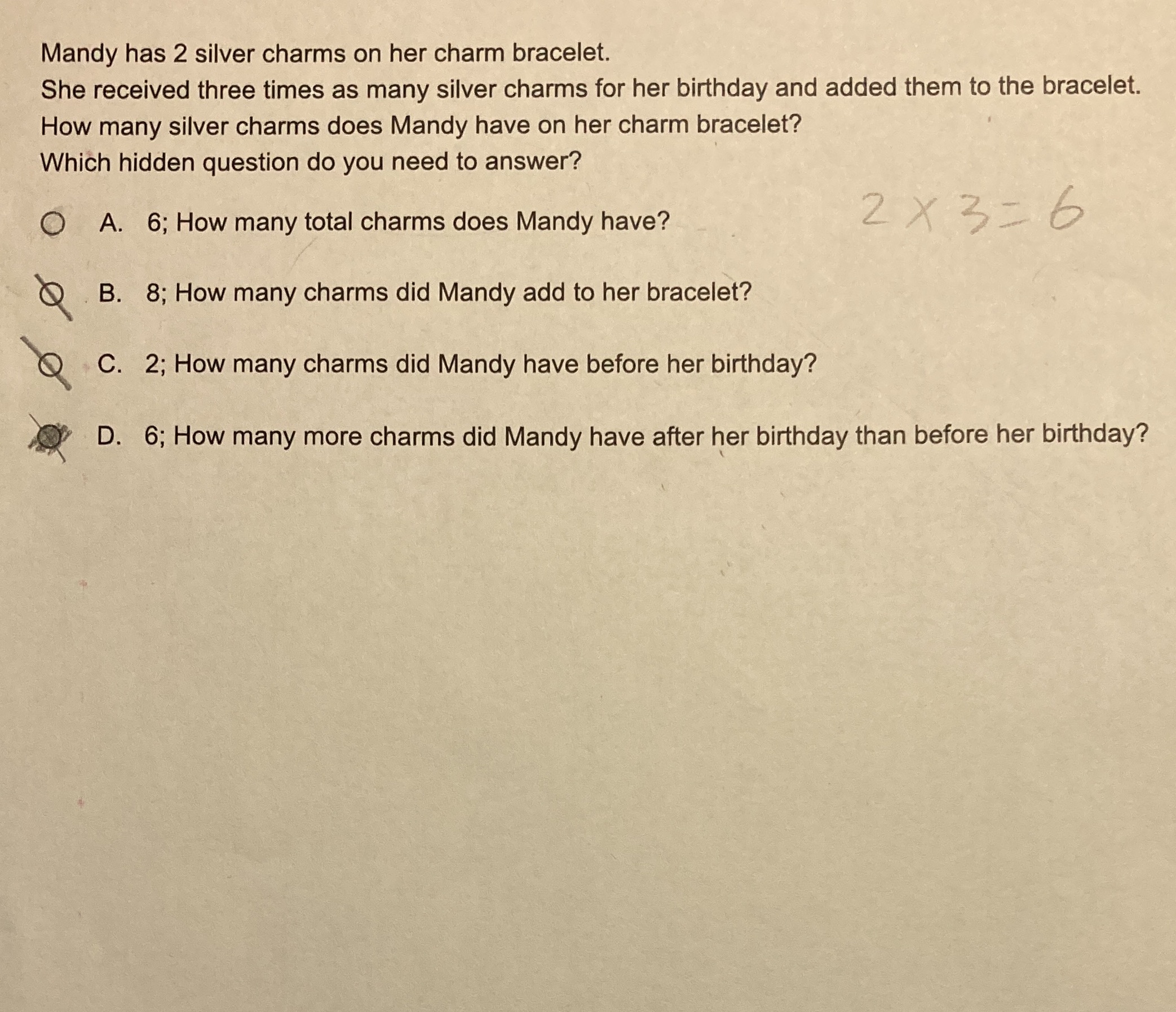 Mandy has 2 silver charms on her charm bracelet.