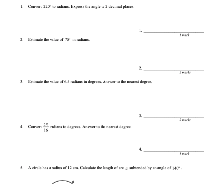 I. Convert 220" to radians. Express the angle to
