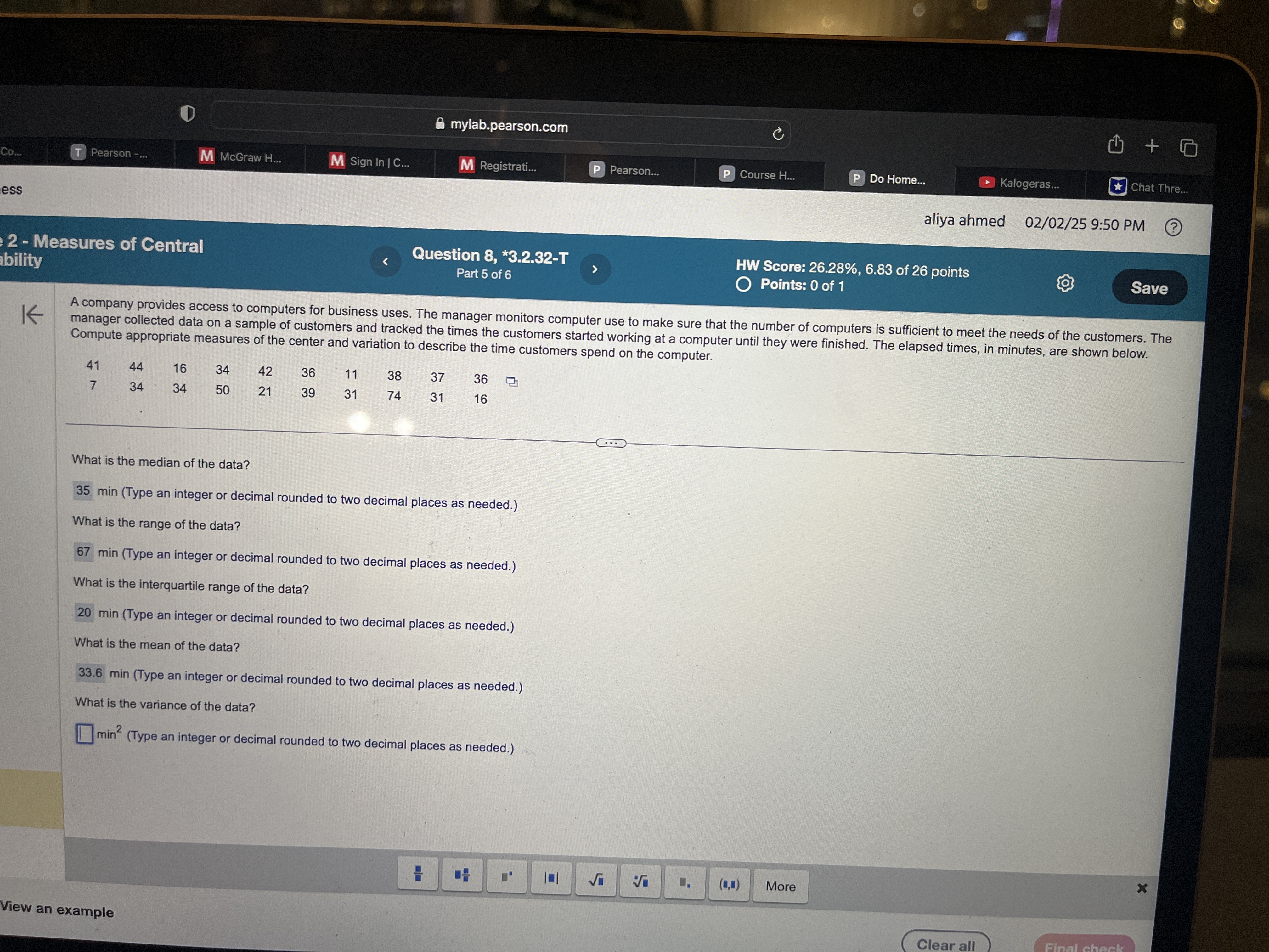 what is the variance mylab.pearson.com + T