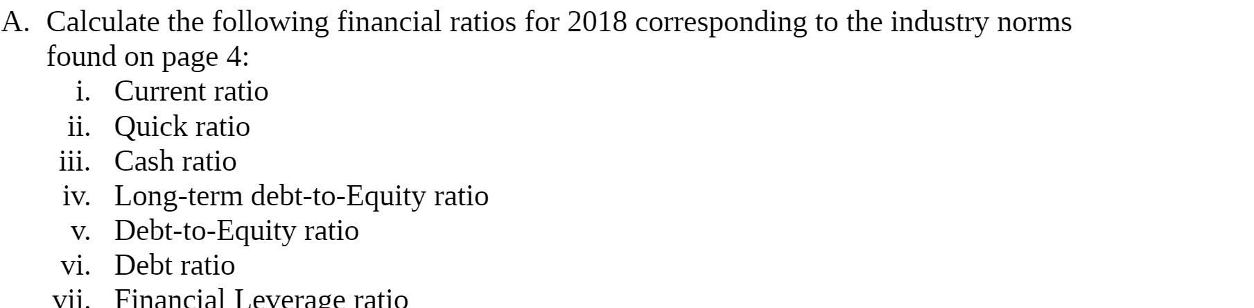 A. Calculate the following financial ratios for