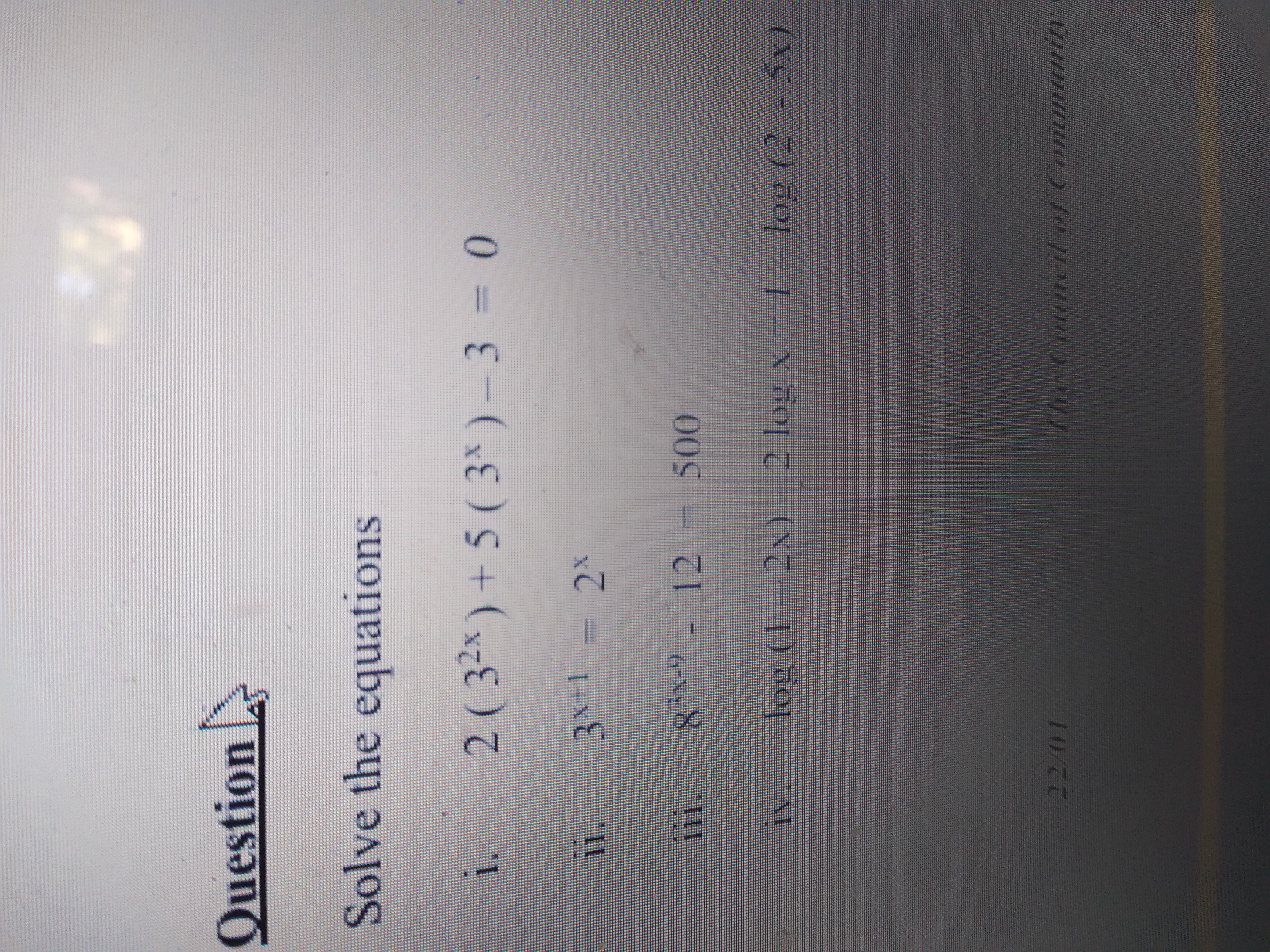 Question Solve the equations 2 ( 32x ) + 5 ( 3x )