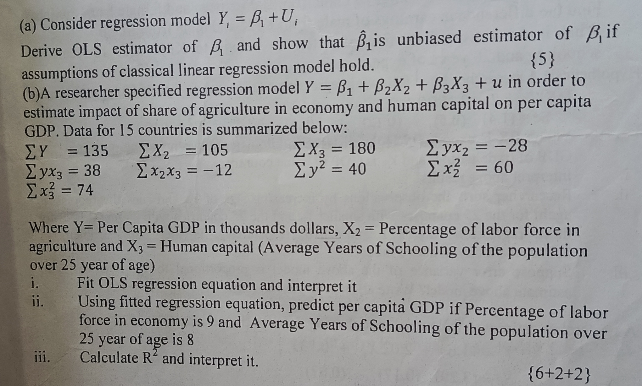 (a) Consider regression model Y, = B +U; Derive