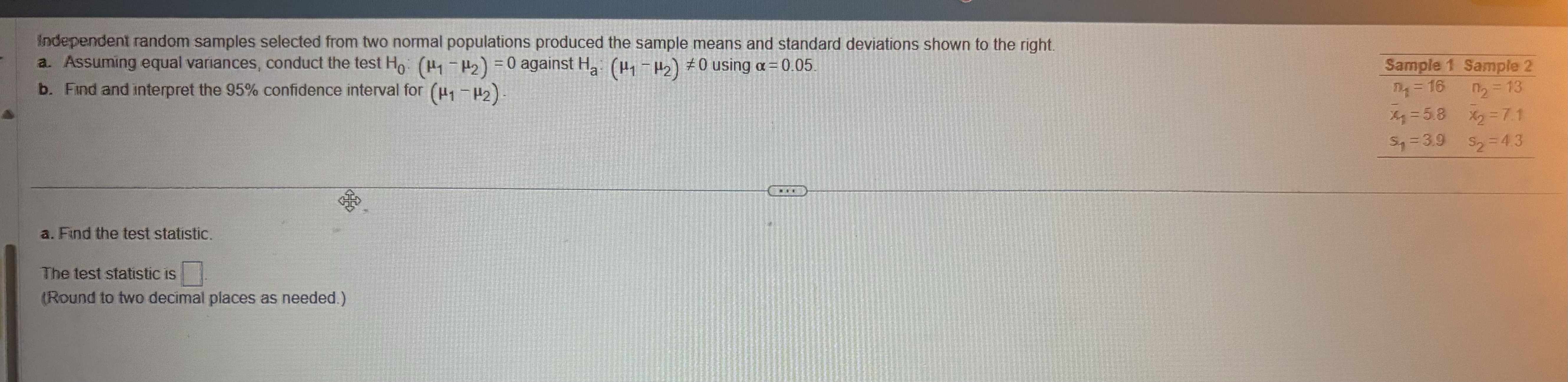 find the test statistic, p value, and find and