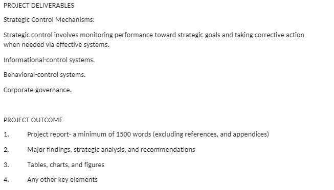 PROJECT DELIVERABLES Strategic Control