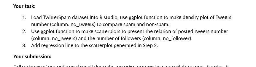 Your task: 1. Load TwitterSpam dataset into R