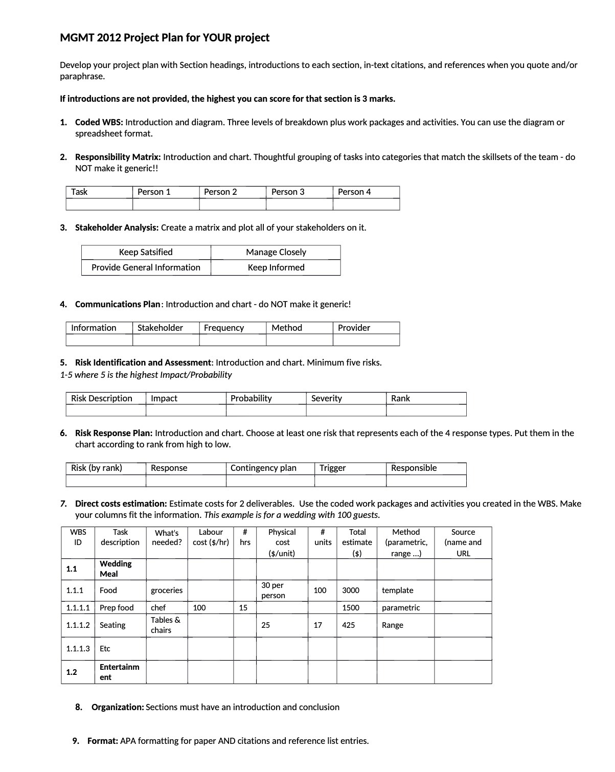 MGMT 2012 Project Plan for YOUR project Develop