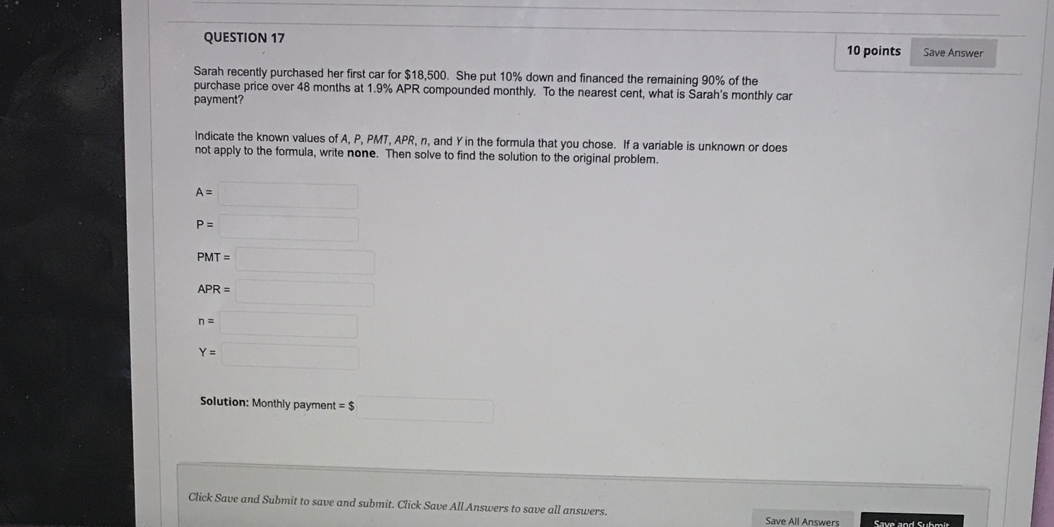 QUESTION 17 10 points Save Answer Sarah recently