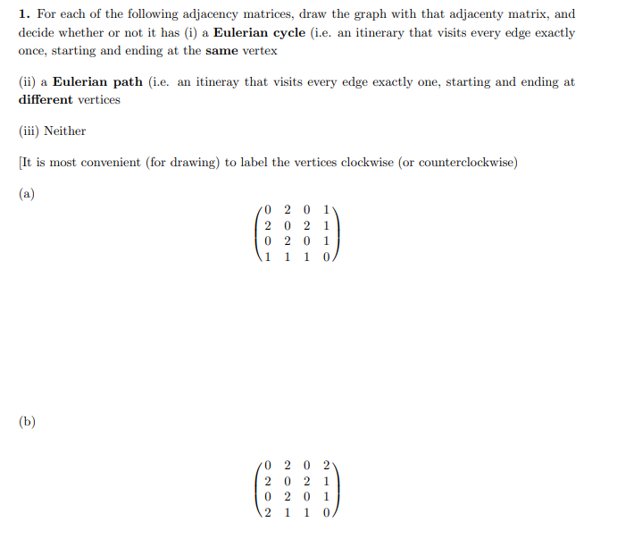 1. For each of the following adjacenty matrices,