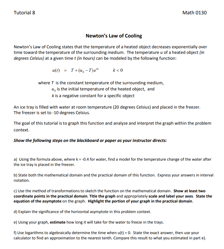 Tutorial 8 Math 0130 Newton's Law of Cooling
