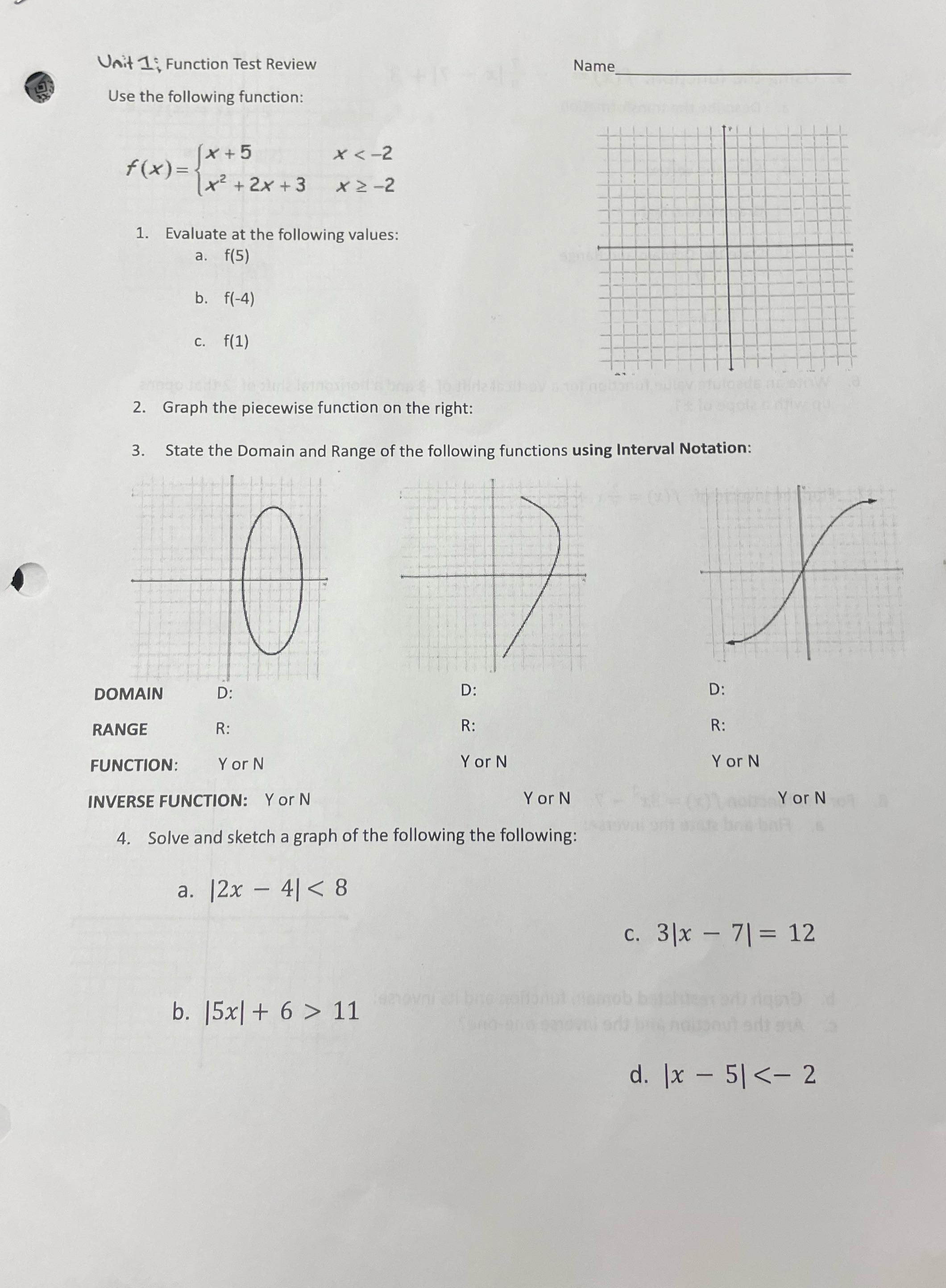 Unit 1; Function Test Review Name Use the