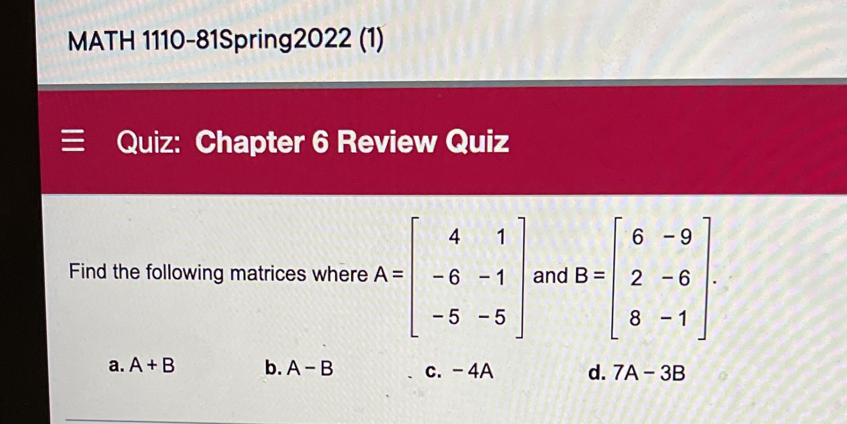 MATH 1110-81Spring2022 (1) = Quiz: Chapter 6