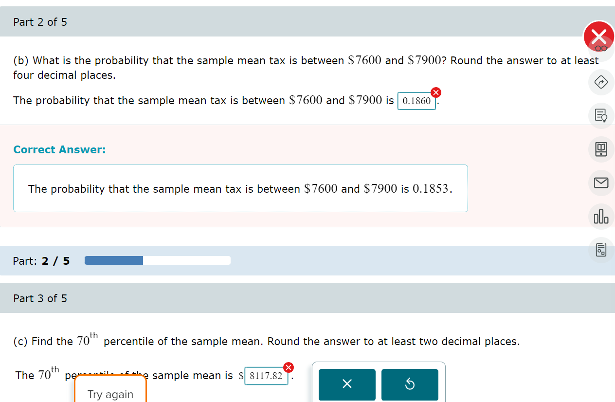 (c) Find the percentile of the sample mean. Round