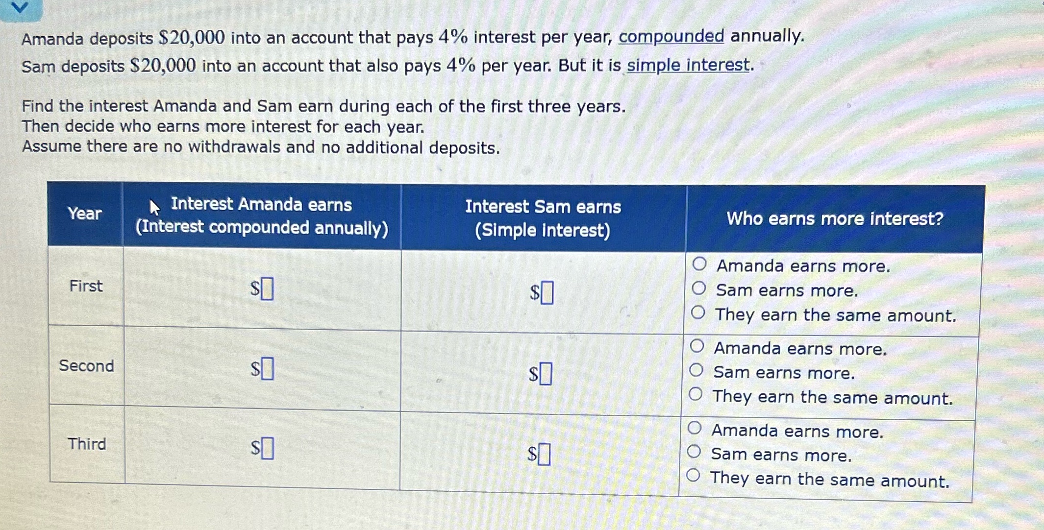 Amanda deposits $20,000 into an account that pays