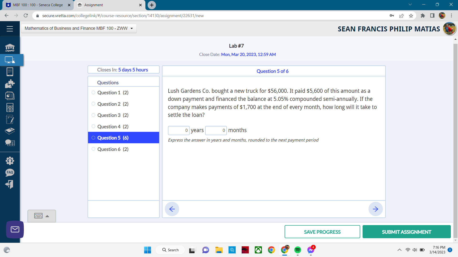 MBF 100 : 100 - Seneca College X TH Assignment X