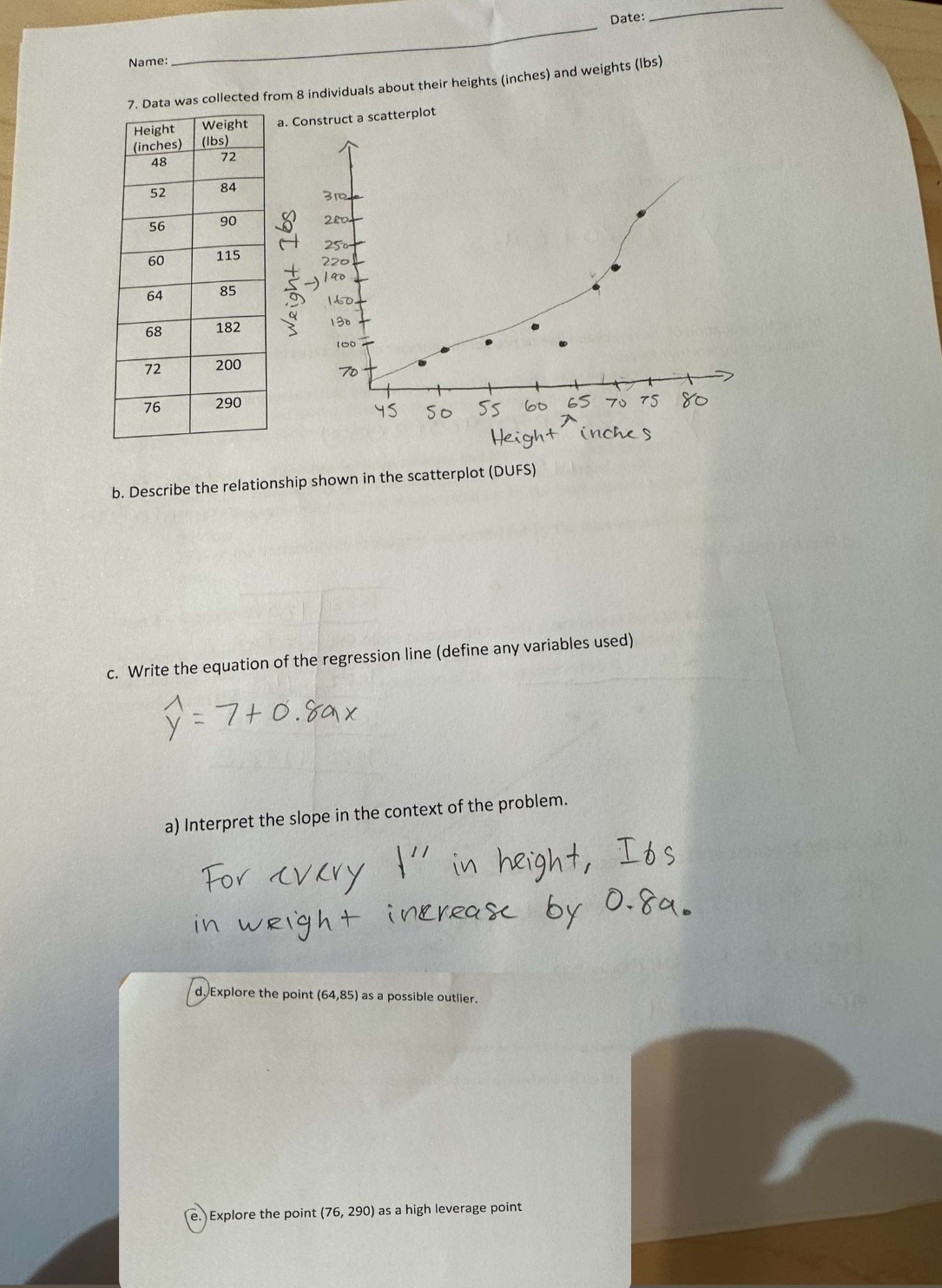Answer all questions on page Date: Name: 7. Data