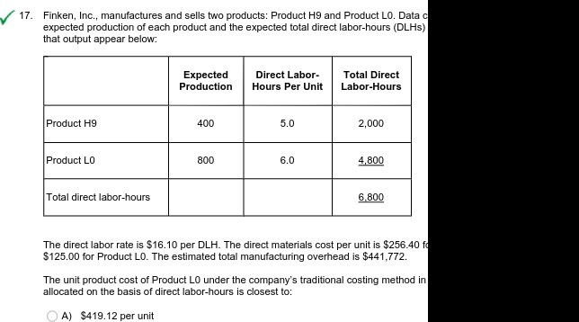 17. Finken, Inc., manufactures and sells two