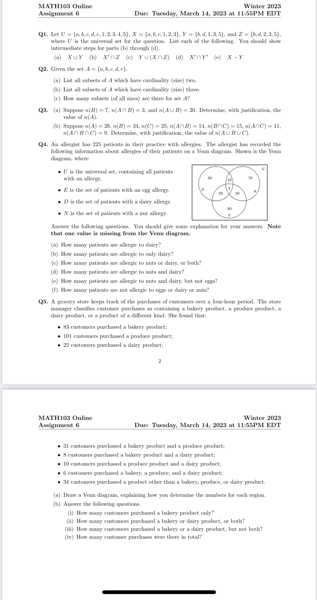 MATH103 Online Winter 2023 Assignment 6 Due: