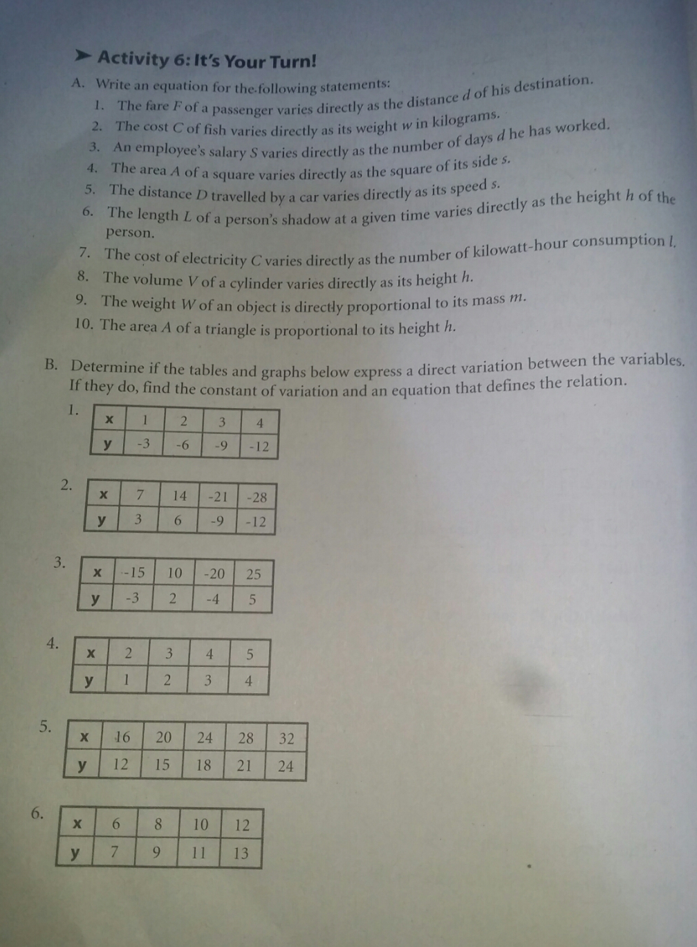Write an equation for the following statements.  style=