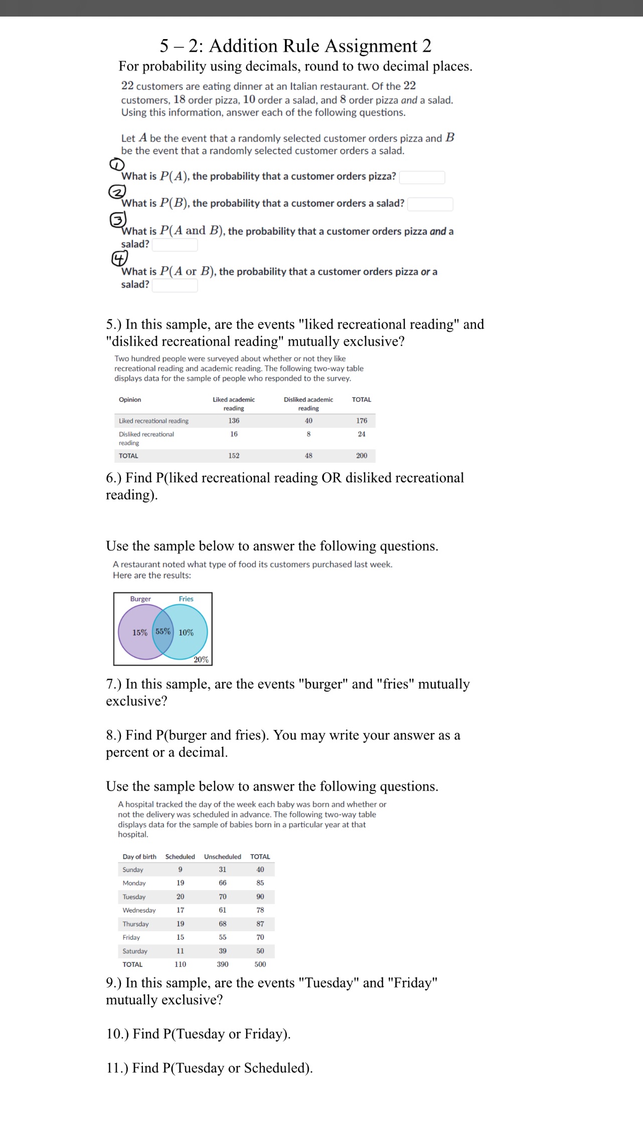 5 2: Addition Rule Assignment 2 For probability