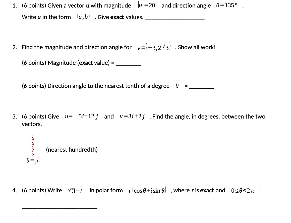 1. (6 points) Given a vector u with magnitude