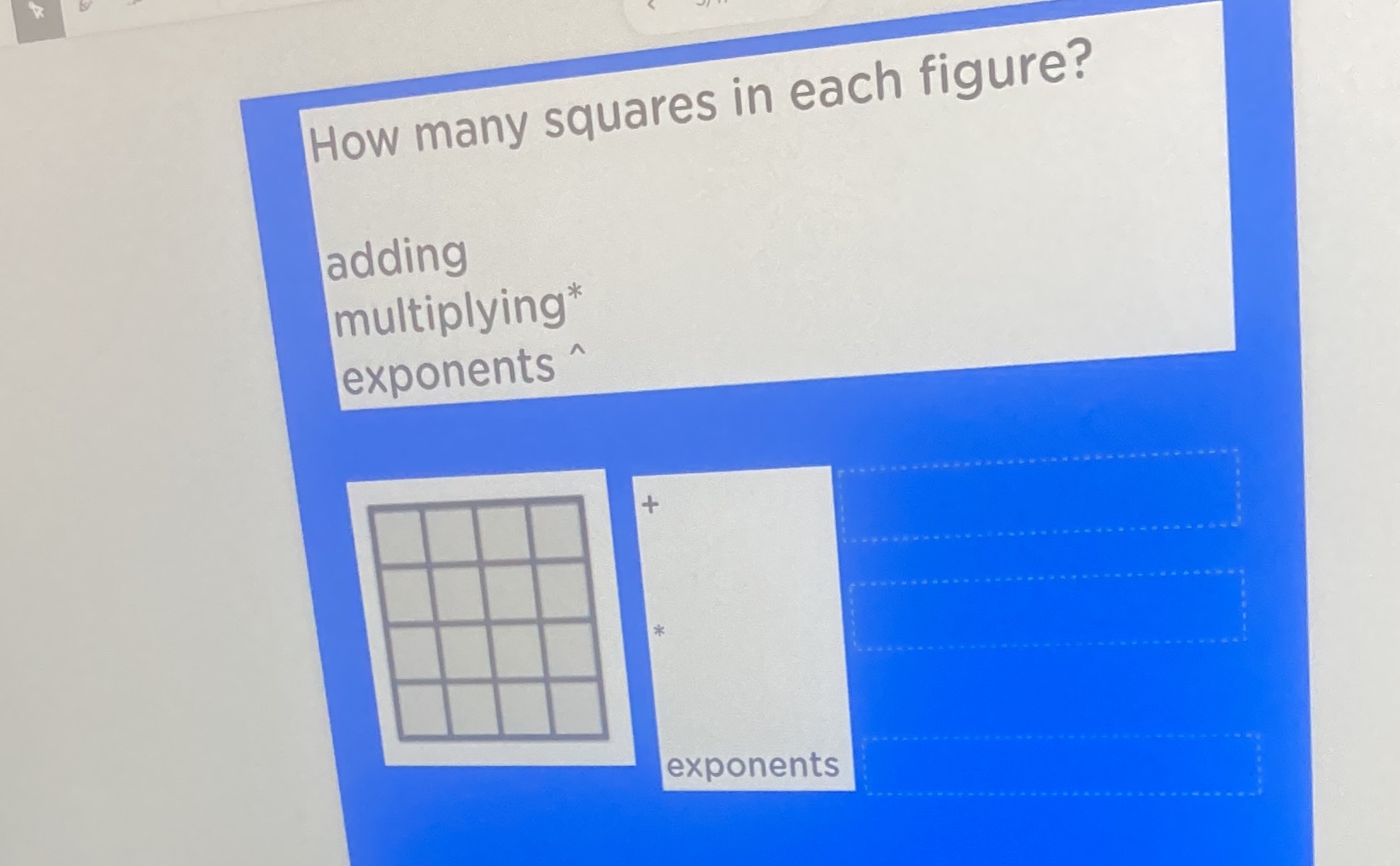 How many squares in each figure? adding