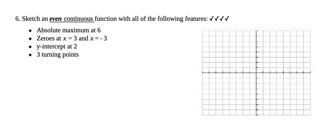 6. Sketch an even continuous function with all of