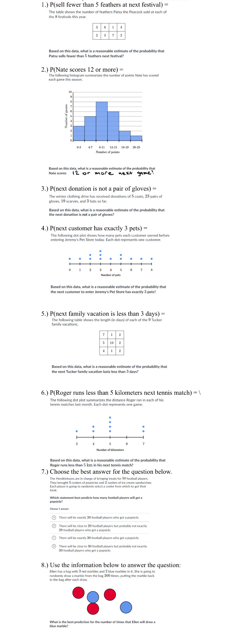 1.) P(sell fewer than 5 feathers at next