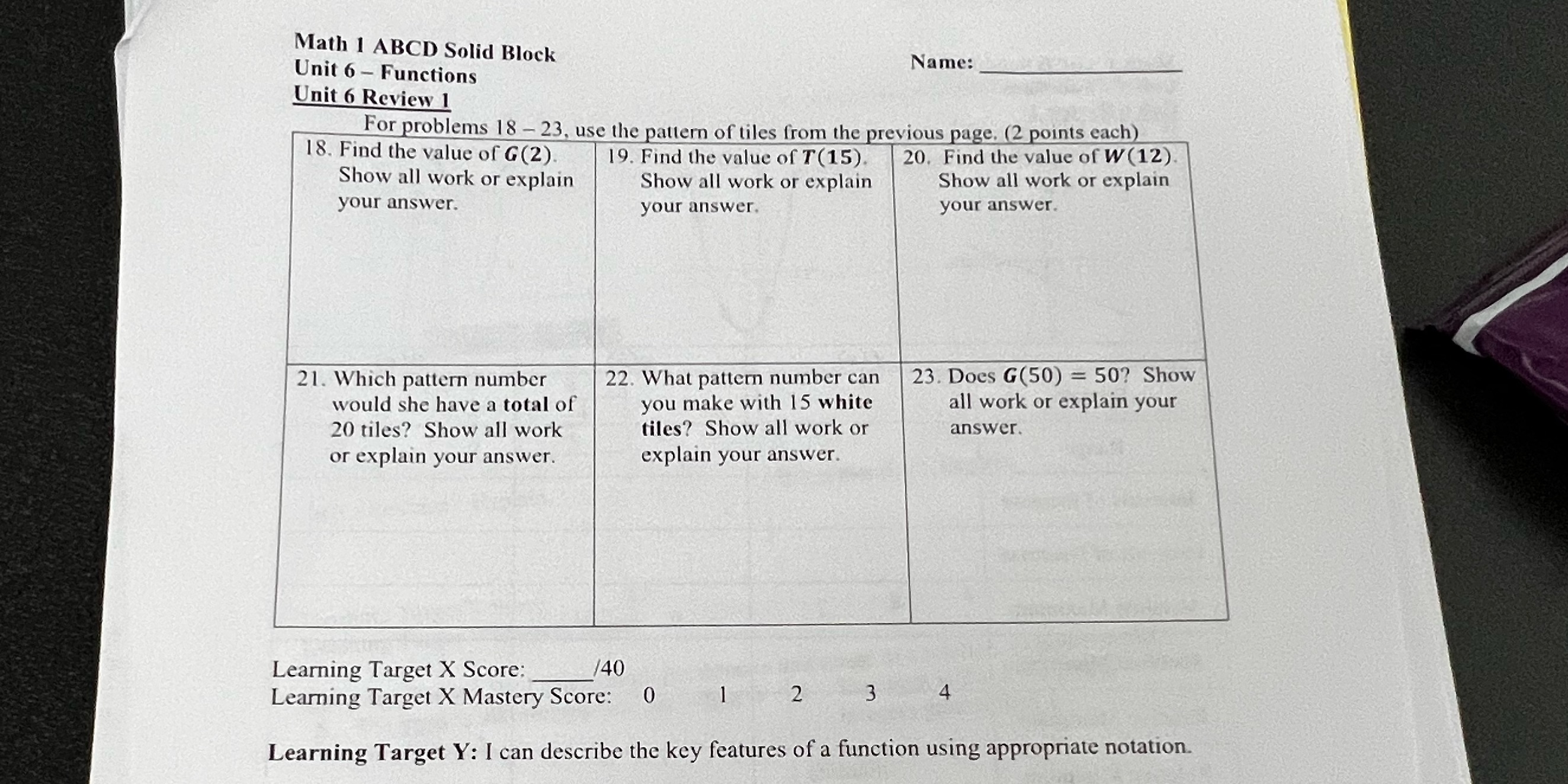 Math 1 ABCD Solid Block Unit 6 - Functions Name: