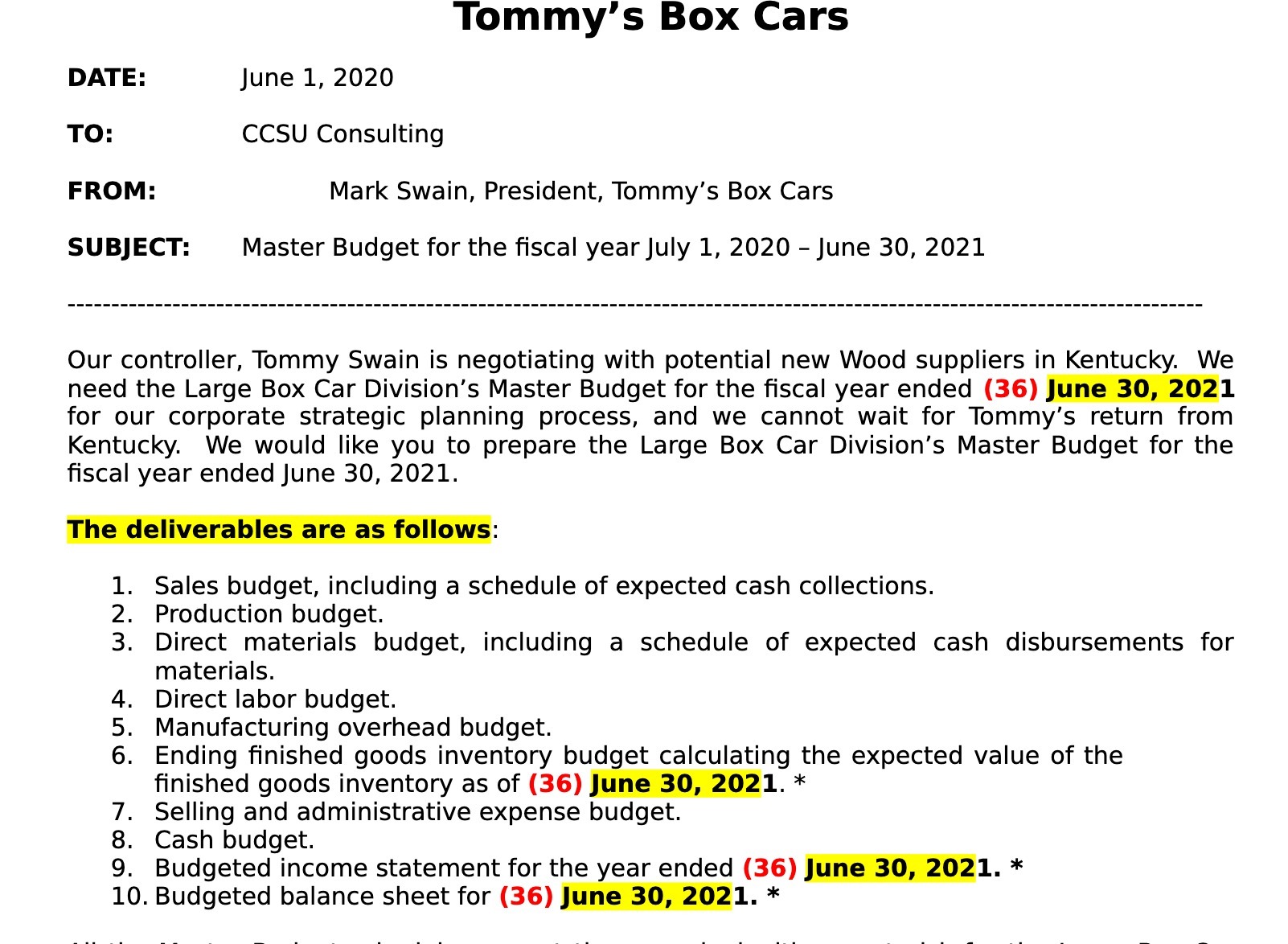 Tommy's Box Cars DATE: June 1, 2020 TO: CCSU